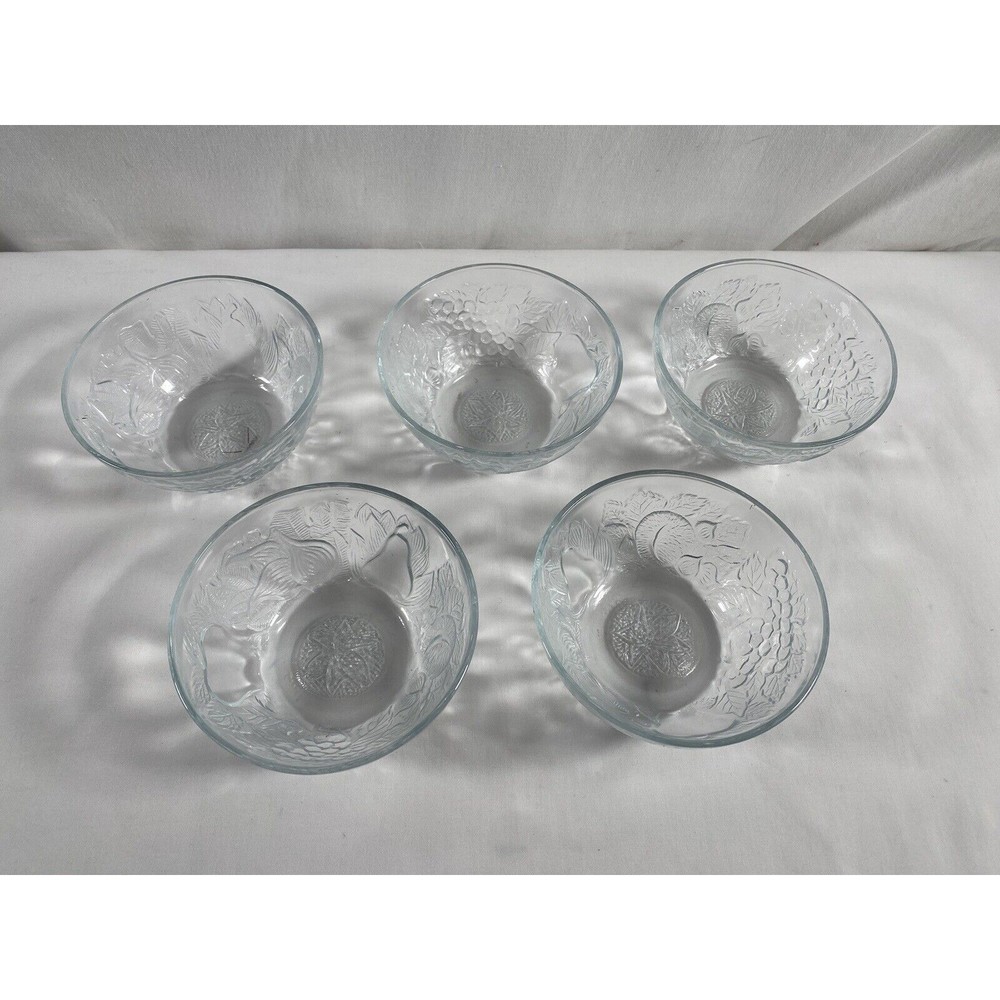 Set of 5 KIG Indonesia Clear Pressed Glass Fruit Pattern 4.75” Bowl #50